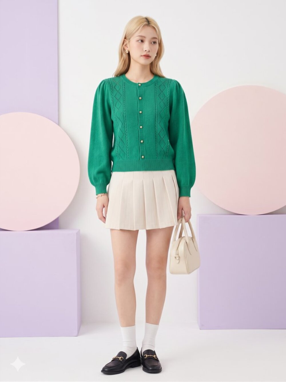 Vintage Japanese Emerald Green Knit Sweater Puff Sleeves Y2K 90s Preppy Romantic